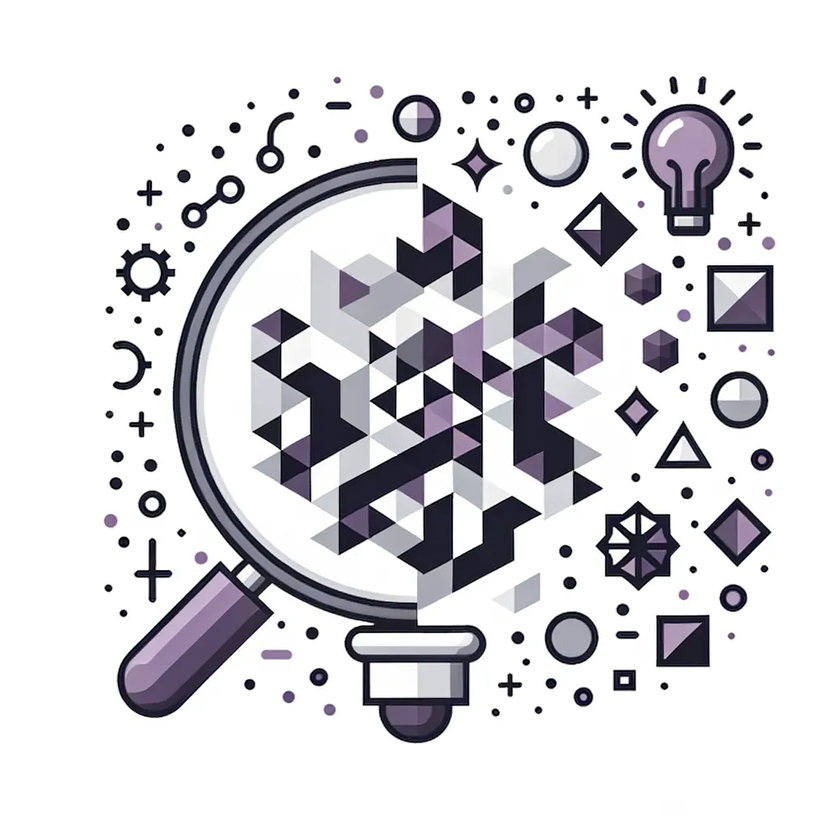 Illustration on a white background of a complex geometric shape in shades of gray transforming into a simplified, clearer shape in shades of purple. Beside the transformation, subtle icons like a magnifying glass and a light bulb in purple emphasize the process of understanding and simplification.