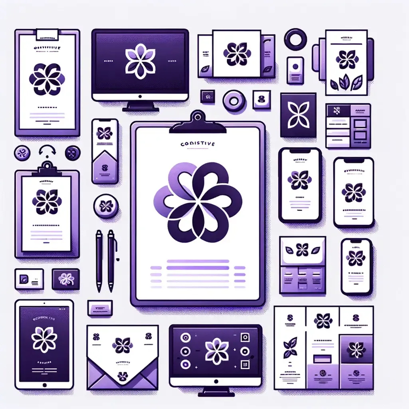 Illustration on a white background of a cohesive brand logo in shades of purple. Surrounding the logo are various event-related items such as invitations, banners, digital screens, and brochures, all displaying the same logo and branding elements, emphasizing uniformity and consistency.