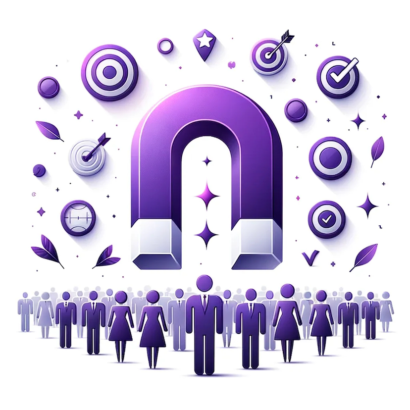Illustration on a white background of a large magnet in shades of purple, drawing in diverse potential clients represented as silhouettes. Around the magnet, floating icons like targets, arrows, and checkmarks in shades of purple signify precision and attracting the right audience.